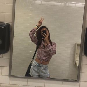 Red and white crop button down